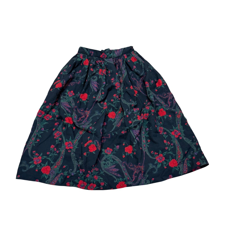 VTG Talbots Floral Paisley Midi Skirt Black Red Pockets Sz 6 Petite USA Cottage
